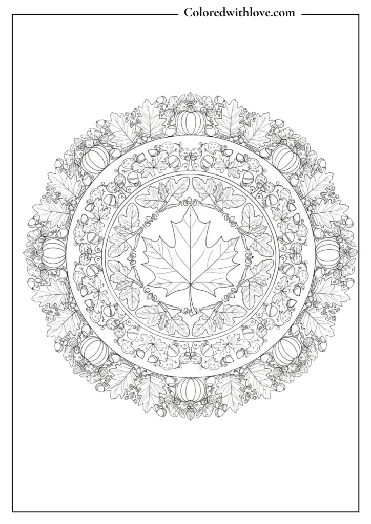 fall mandala coloring page made of maple leaves, acorns, pumpkins, and berries