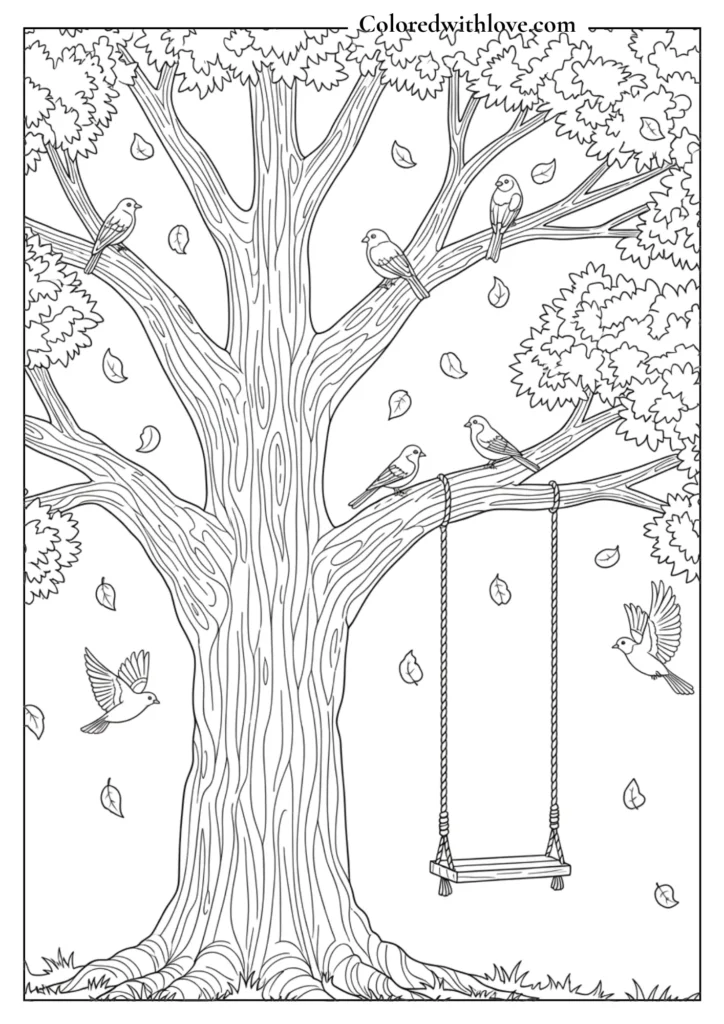 Simple tire swing hanging from a large oak tree with falling leaves.