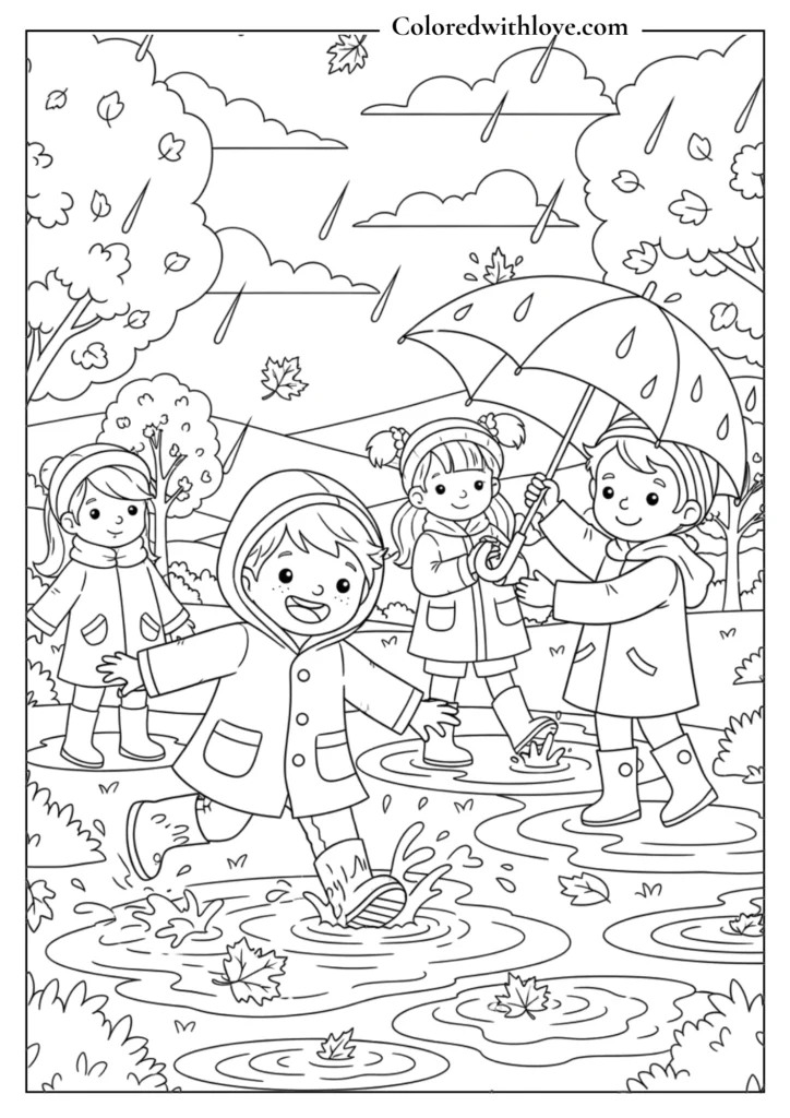 Kids wearing rainboots and holding umbrellas in autumn rain.