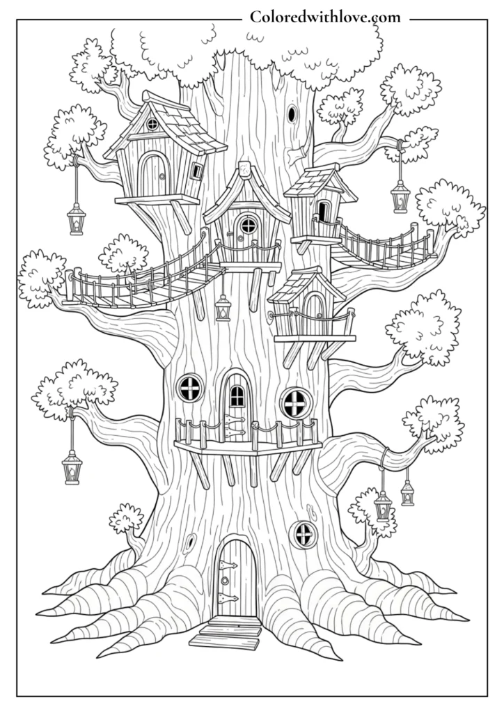 Whimsical fantasy treehouse coloring page built into an ancient oak tree with rope bridges and lanterns.