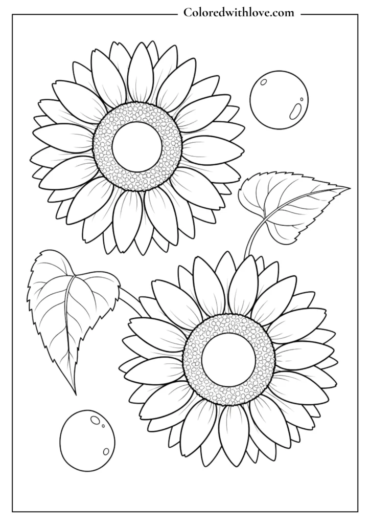 Line art coloring page of floating sunflowers with leaves and abstract circular elements in a minimalist style.