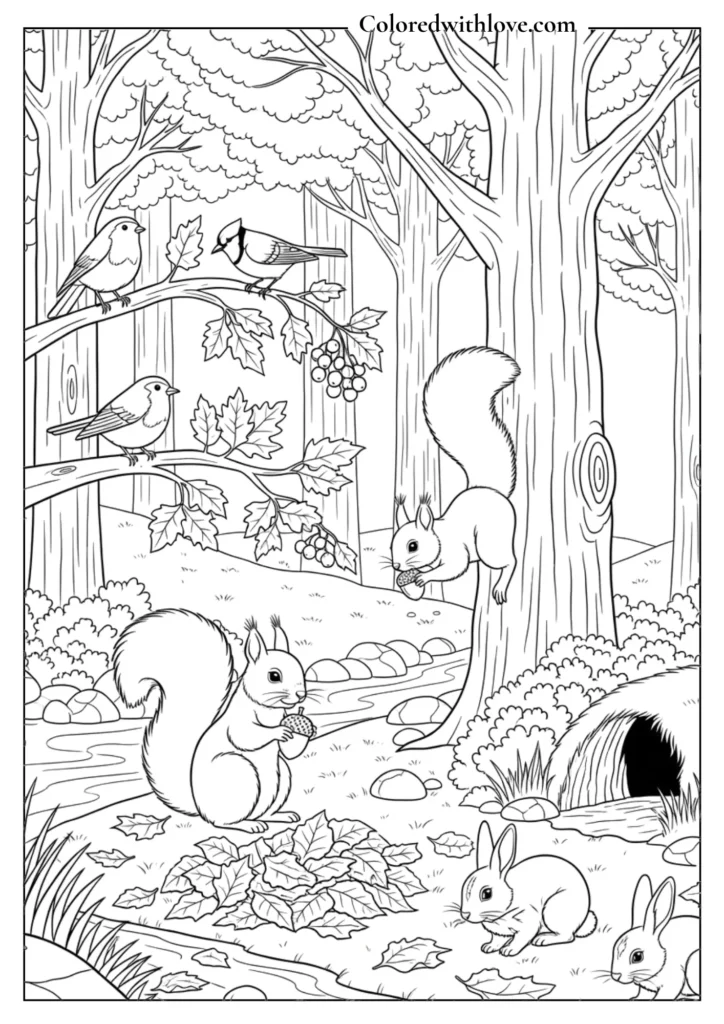 Squirrel burying nuts and a bear finding a den.