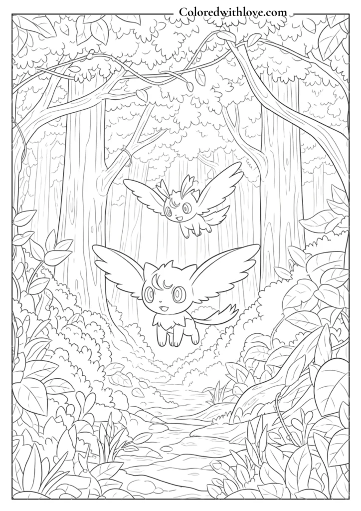 Celebi forest coloring sheet - mythical Pokémon in dense woodland with intricate foliage, nature printable