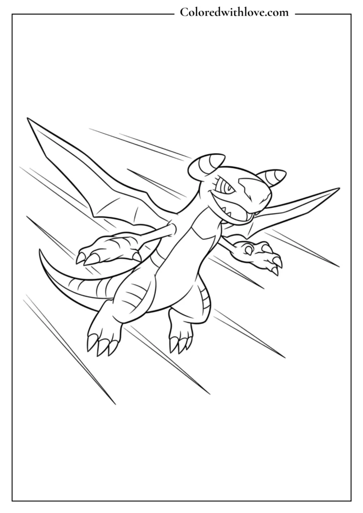 Garchomp coloring sheet - dragon Pokémon flying at high speed with motion lines printable
