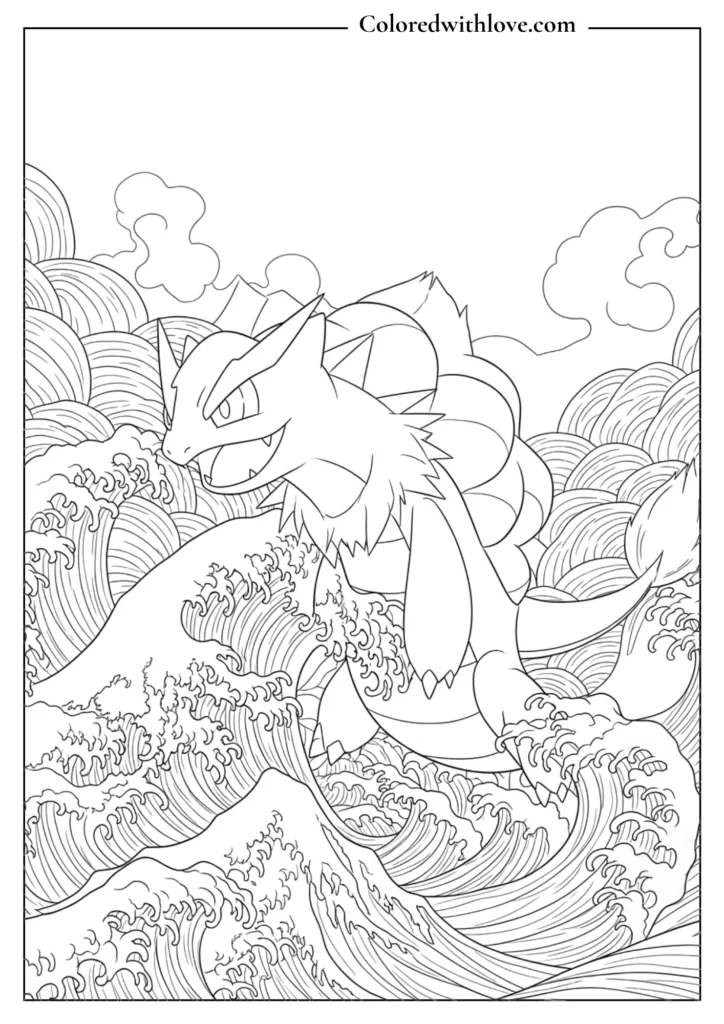 Detailed Gyarados coloring page - intricate dragon emerging from Japanese ocean waves, adult coloring printable