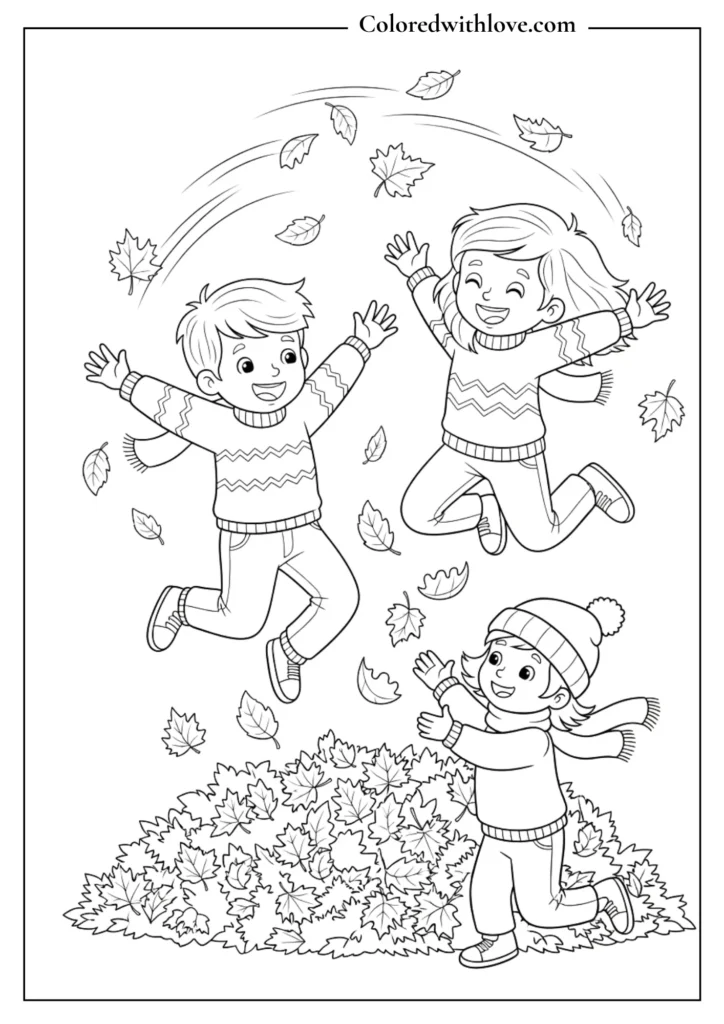 Children jumping into a large pile of raked leaves.