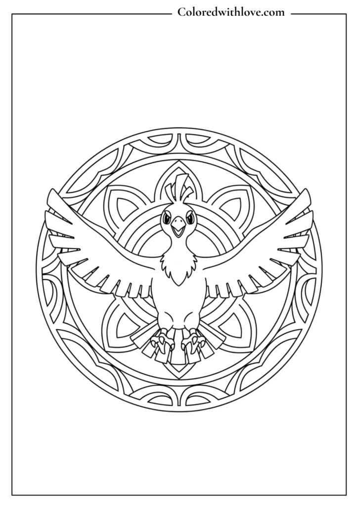 Ho-Oh mandala coloring page - legendary phoenix with geometric mandala background, stress-relief printable