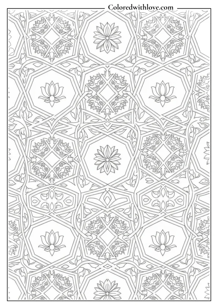 Arabesque geometric coloring page featuring intertwining vine lattices and stylized lotus flowers.