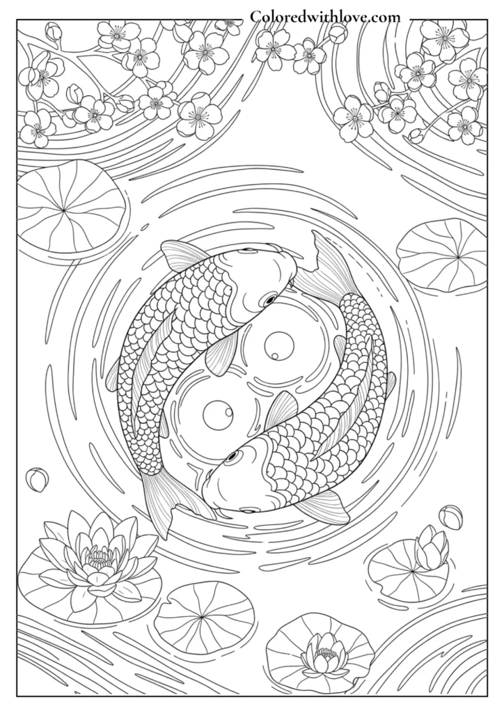 Yin-yang Koi fish pond coloring page with water lilies, ripples, and cherry blossom branches.