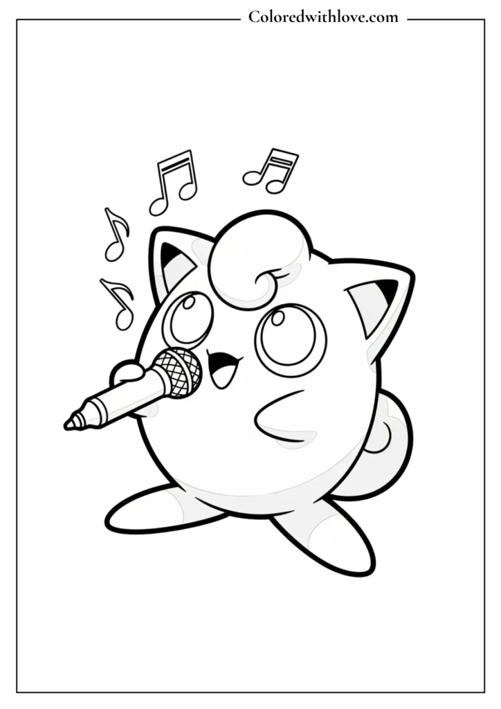 Jigglypuff singing coloring page - cute Jigglypuff with microphone and musical notes printable