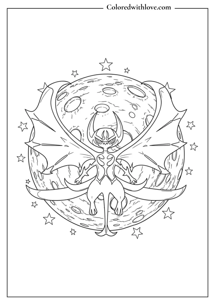 Lunala coloring sheet - lunar legendary Pokémon with moon and star patterns, celestial printable