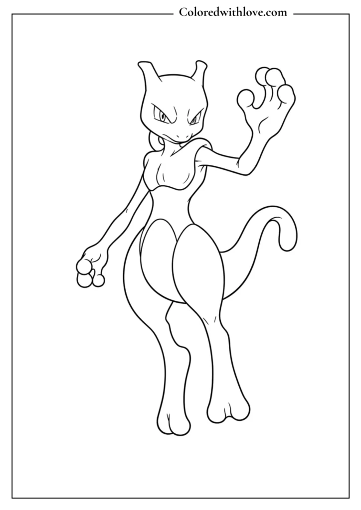 Mewtwo coloring sheet - legendary psychic Pokémon floating with raised hand, powerful printable