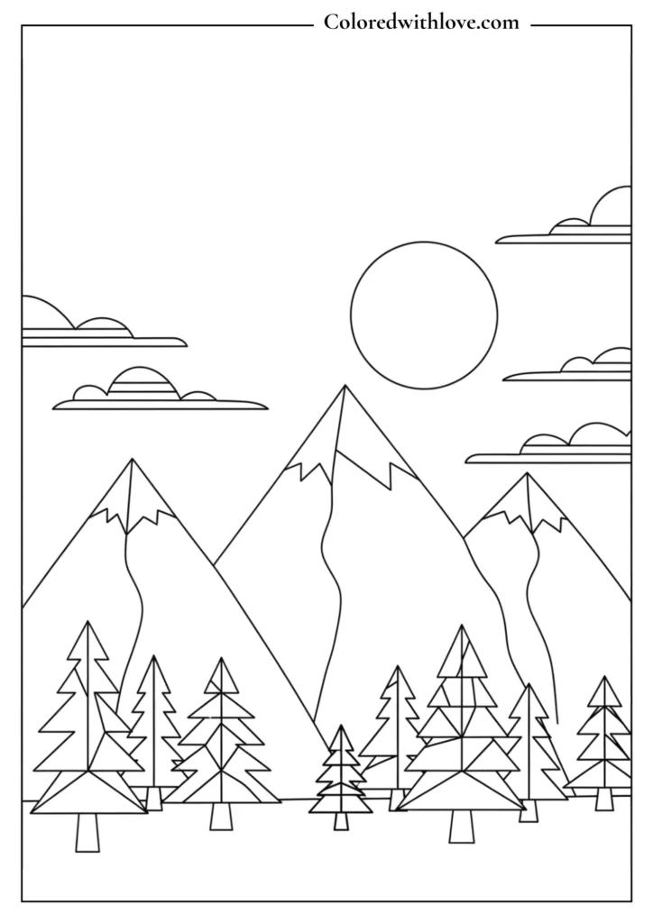 Black and white coloring page of a minimalist mountain range with pine trees, clouds, and a sun.