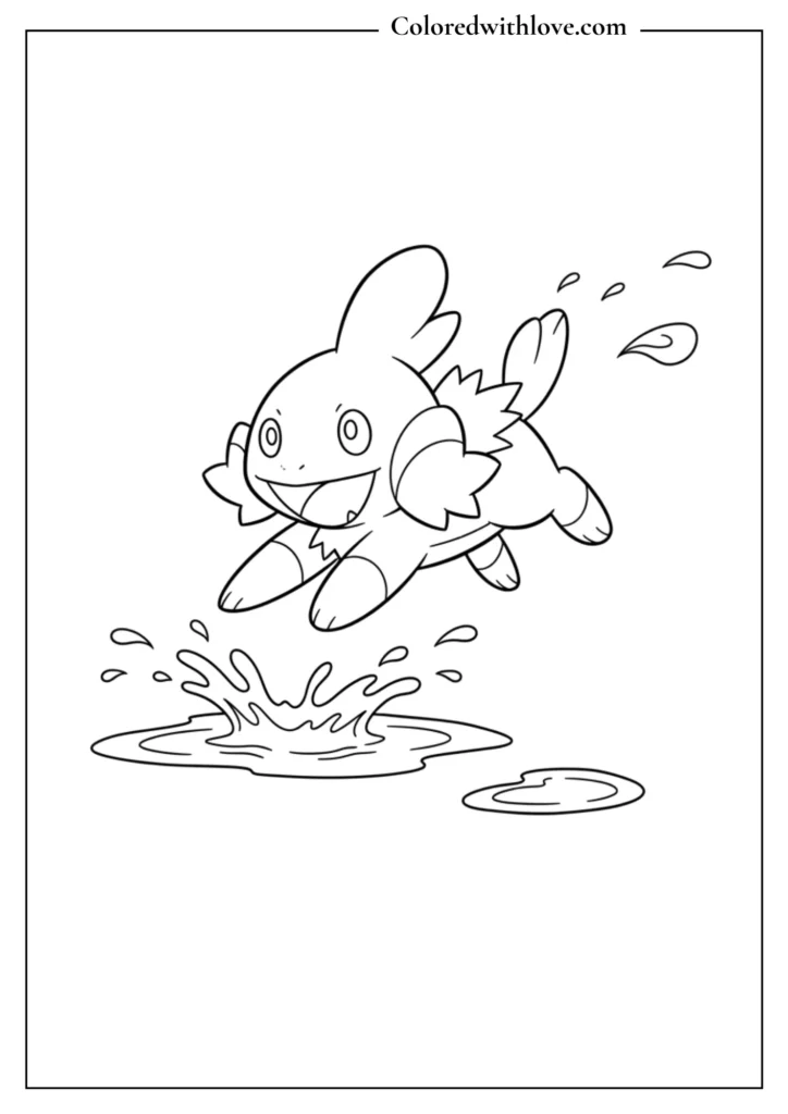 Mudkip coloring page - playful Mudkip jumping in puddle with water splashes, kids printable