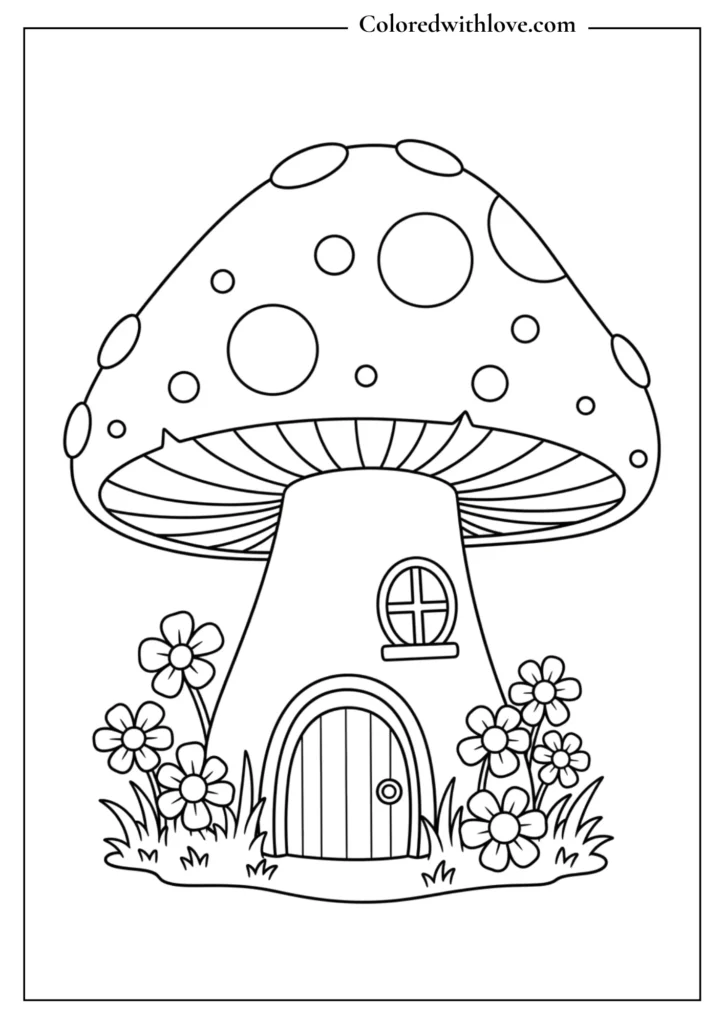 Black and white coloring page of a cute mushroom-shaped cottage with a door, window, flowers, and grass.
