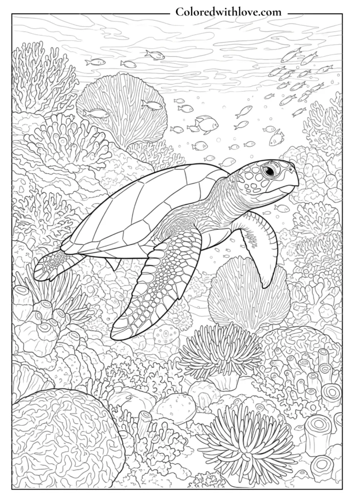 Underwater ocean scene coloring page featuring a sea turtle surrounded by coral reef and tiny fish.