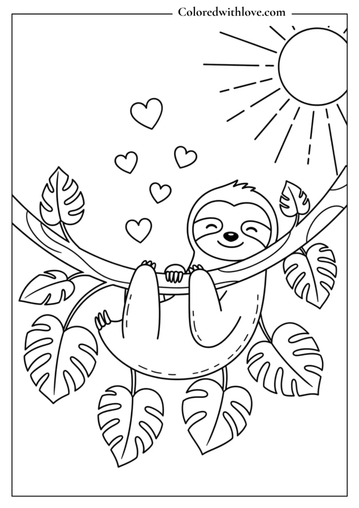 Printable coloring page of a smiling sloth hanging from a tree branch with leaves, hearts, and sunshine.