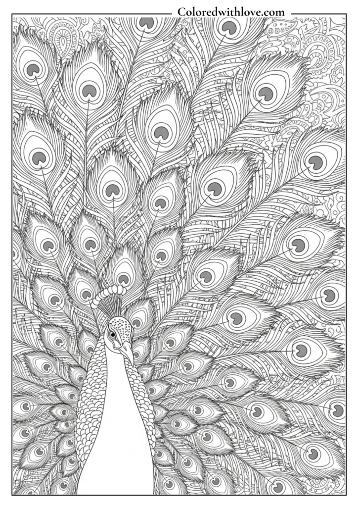 Detailed close-up of peacock tail feathers with paisley patterns, intricate coloring page for markers.