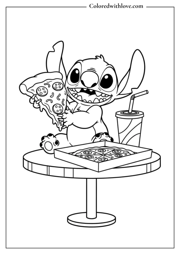 stitch coloring page holding a slice of pizza at a table with drink