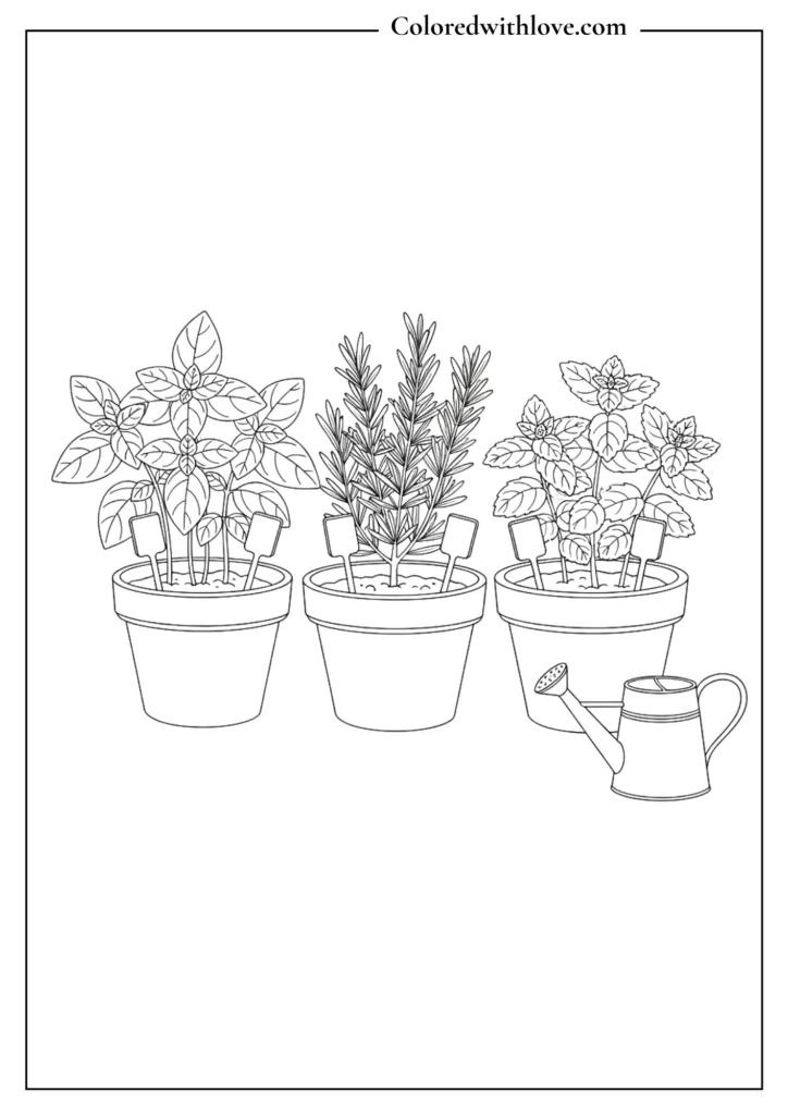 Printable coloring page of potted herb plants with plant labels and a watering can in clean line art style.