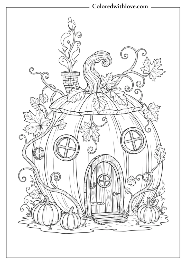 fantasy fall coloring page of a tiny house built inside a giant pumpkin