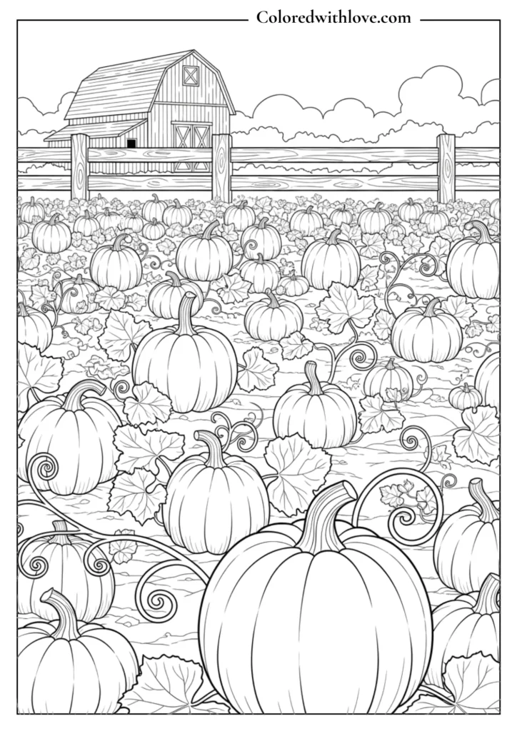 A field of pumpkins ready for harvest with a sign.