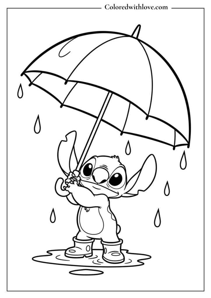 stitch coloring page standing in rain holding an umbrella and wearing boots