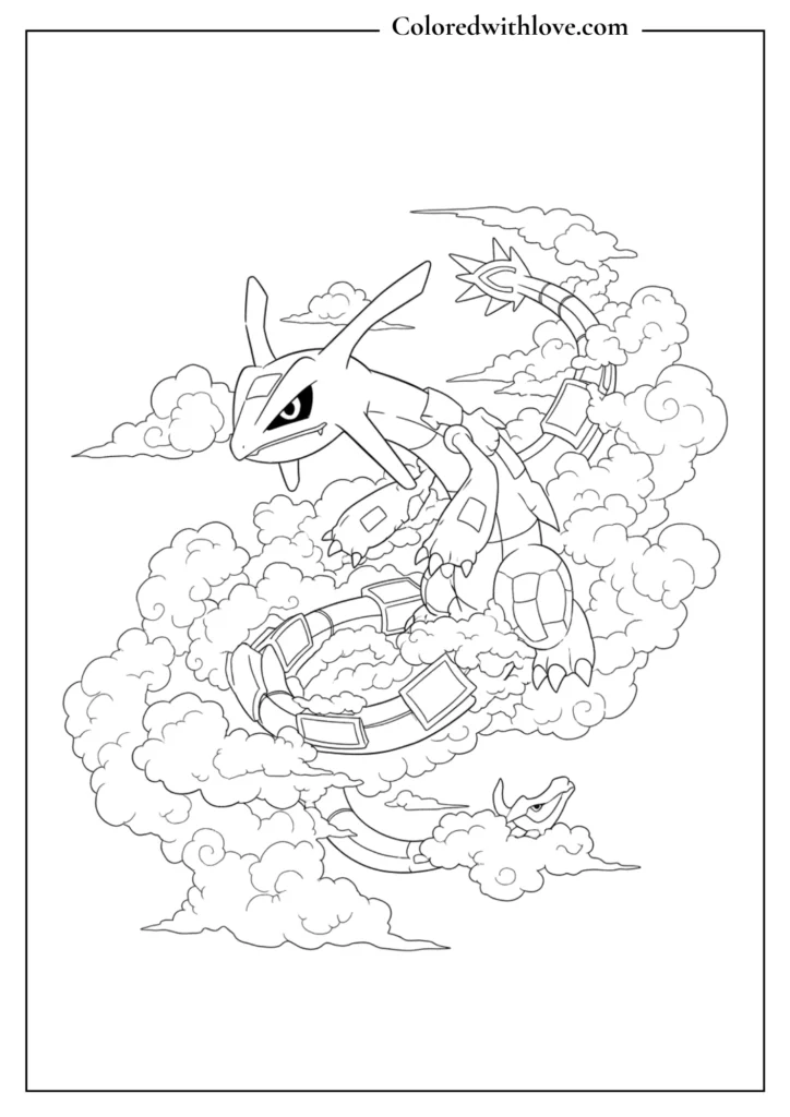 Rayquaza coloring sheet - legendary sky dragon through detailed clouds, intricate adult printable
