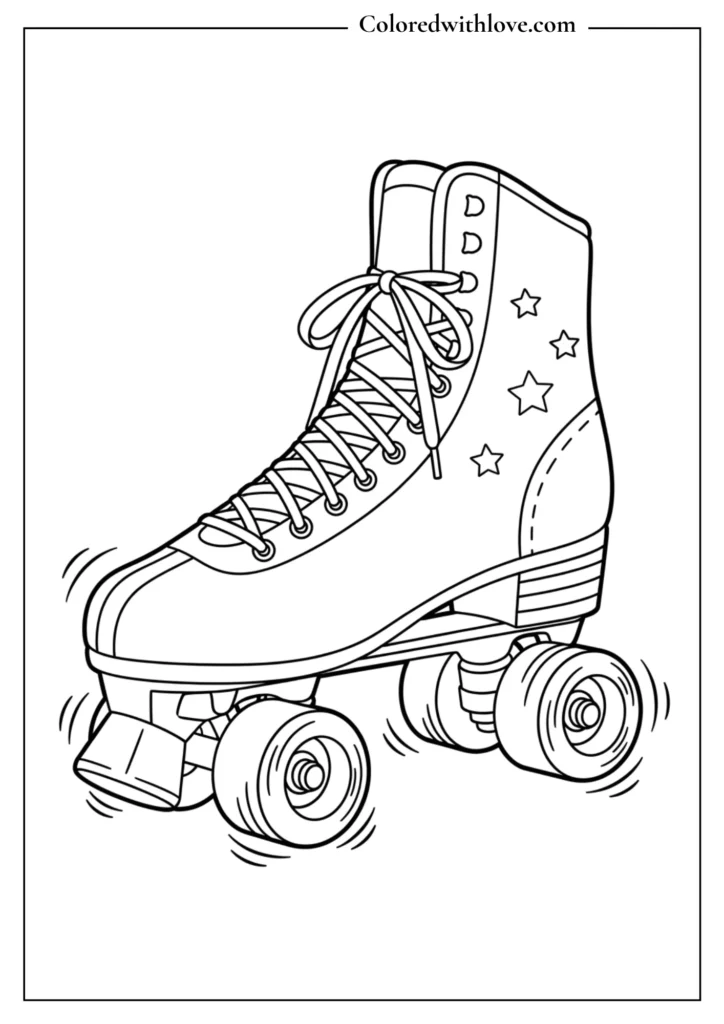 Line art coloring page of a retro roller skate with laces, stars, and moving wheels.