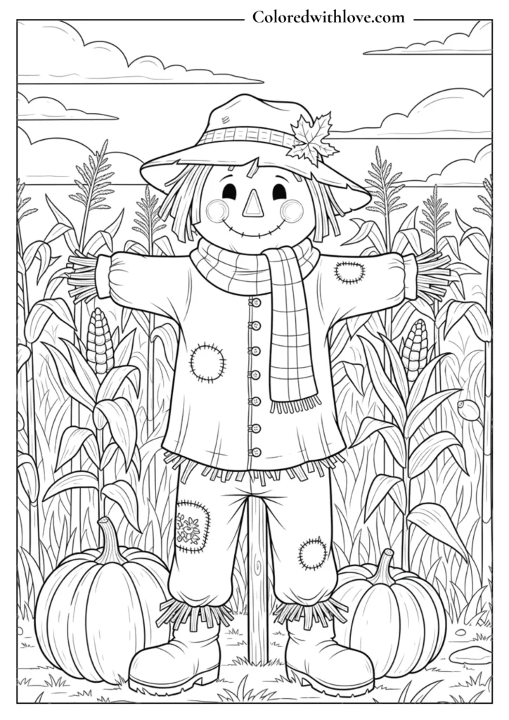 scarecrow fall coloring page with pumpkins and cornfield in an autumn setting