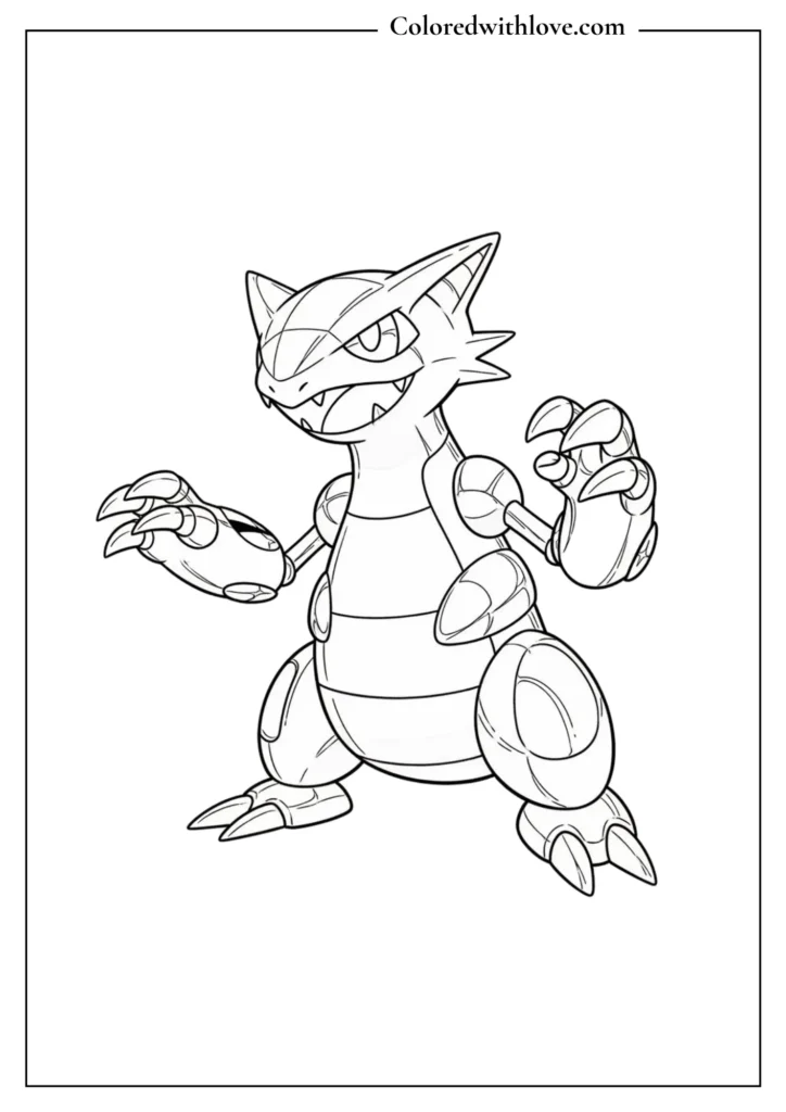 Scizor coloring page - metallic bug Pokémon showcasing sharp claws, steel type printable