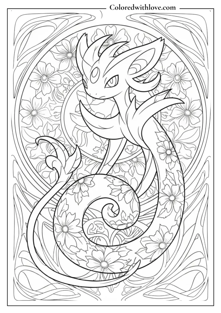 Serperior coloring sheet - regal grass snake with Art Nouveau floral patterns, elegant printable
