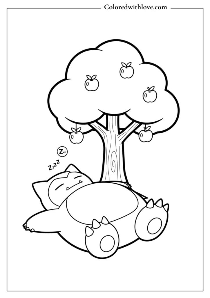 Sleeping Snorlax coloring sheet - easy Pokémon coloring page with Snorlax under apple tree for children