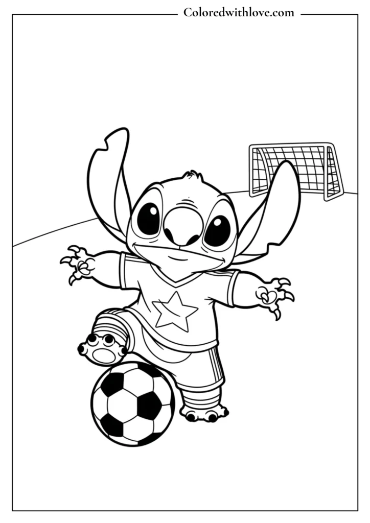 soccer stitch coloring page kicking a ball toward a goal