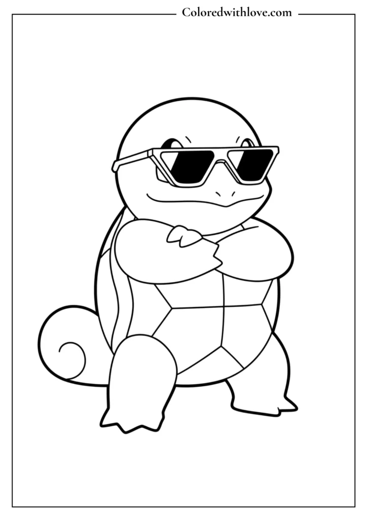 Squirtle with sunglasses coloring page - cool Squirtle Squad character printable for kids
