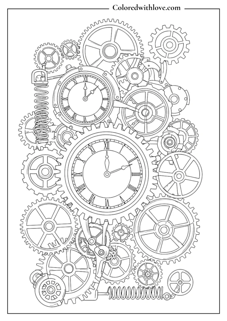 Industrial steampunk coloring page featuring interlocking gears, cogs, and clockwork mechanisms.