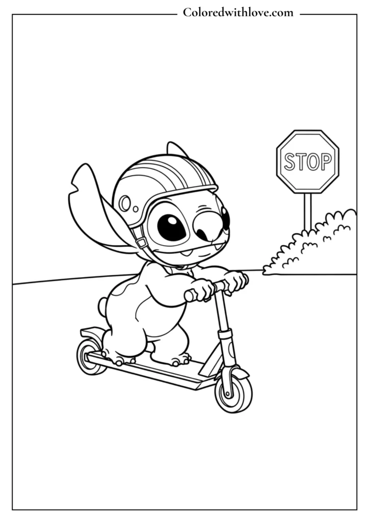 stitch coloring page riding a scooter while wearing a helmet
