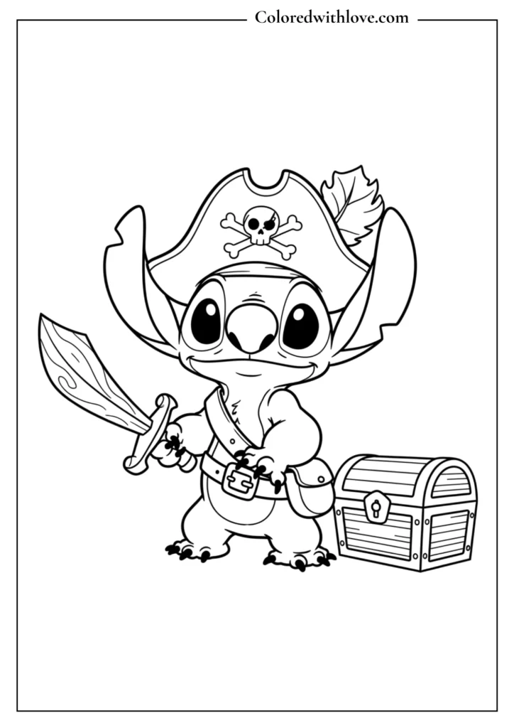 stitch coloring page dressed as a pirate holding a sword next to a treasure chest