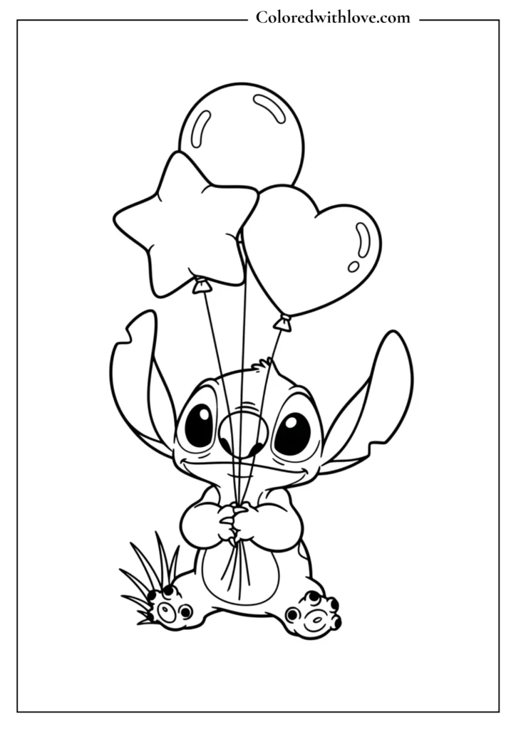 stitch coloring page holding star and heart shaped balloons