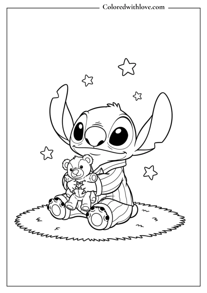 stitch coloring page sitting on a rug holding a teddy bear with stars around