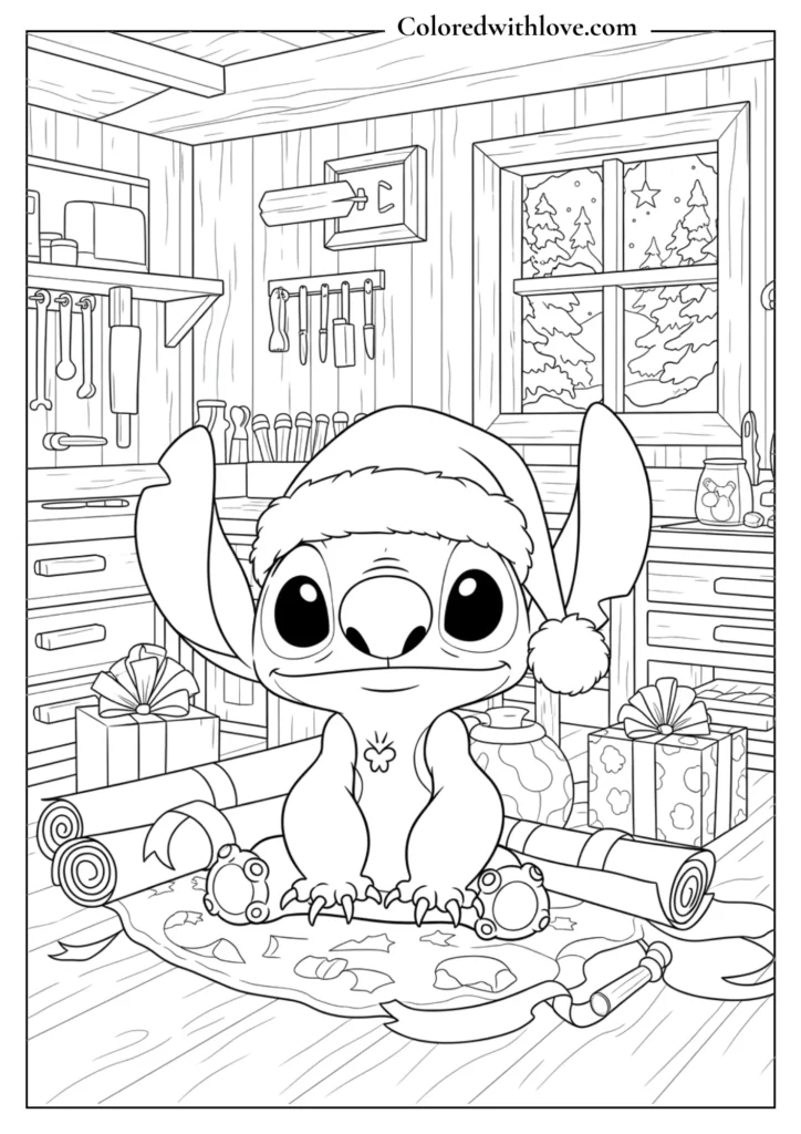 stitch coloring page wearing a santa hat in a christmas workshop with gifts