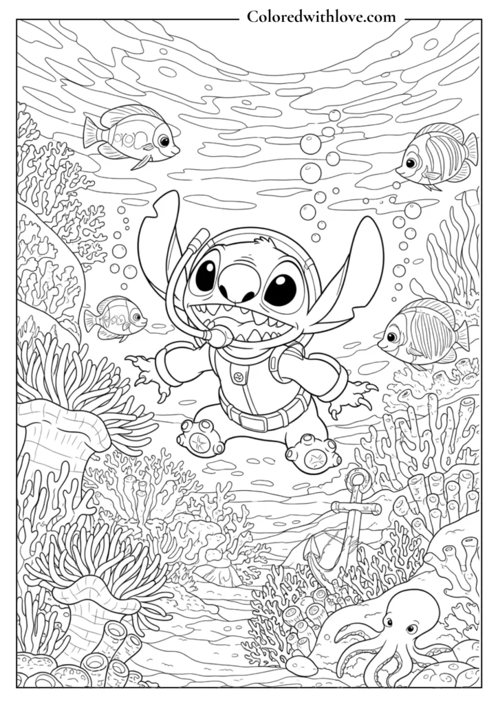 stitch coloring page underwater wearing a diving suit surrounded by fish and coral
