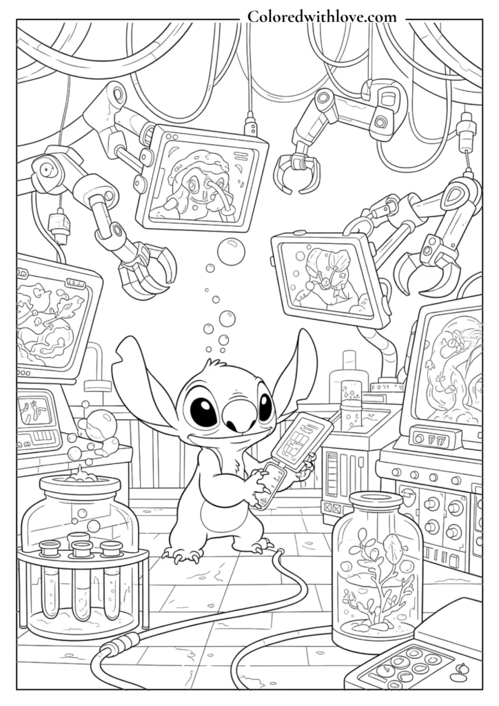 stitch coloring page inside a futuristic lab holding a device with robots and screens