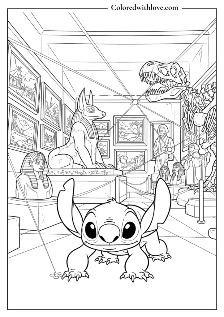 stitch coloring page sneaking through a museum surrounded by statues and exhibits