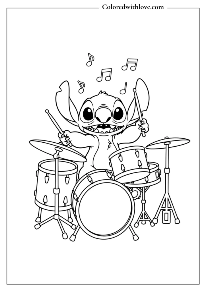stitch coloring page playing a drum set with musical notes around