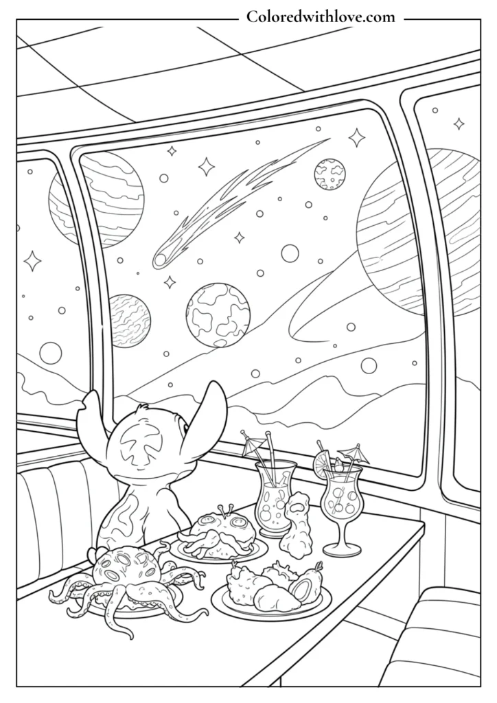 stitch coloring page sitting at a space station cafe with planets visible through the window