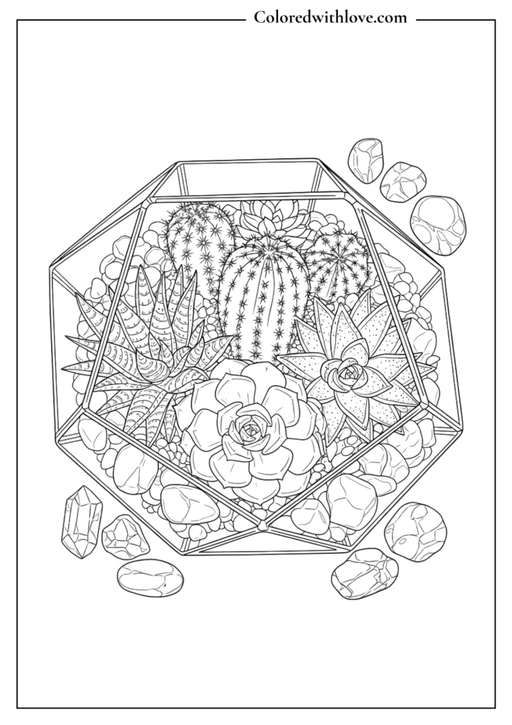 Top-down view of a geometric succulent terrarium line art, detailed coloring page with cacti and river stones.