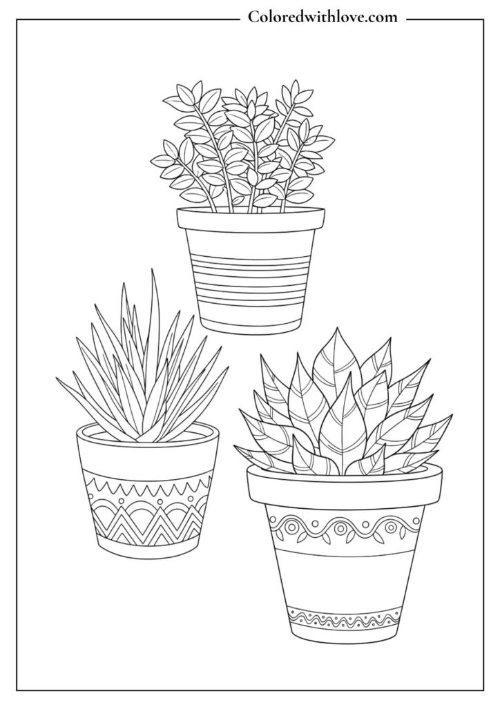 Black and white coloring page featuring three succulents in patterned pots with simple, bold outlines.