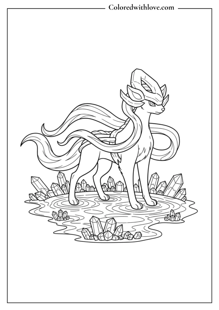 Suicune coloring page - legendary water beast on water with crystal patterns, mystical printable
