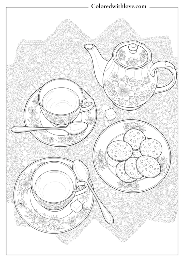 Top-down tea party flatlay coloring page with vintage floral teacups, teapot, and lace tablecloth.